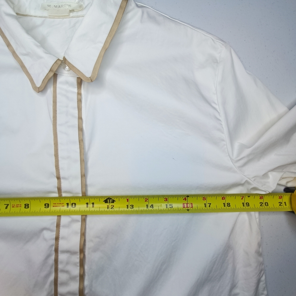 M. Martin White Poplin Cotton Buttondown Blouse Bell Sleeve Tan Piping Size M - Picture 11 of 14